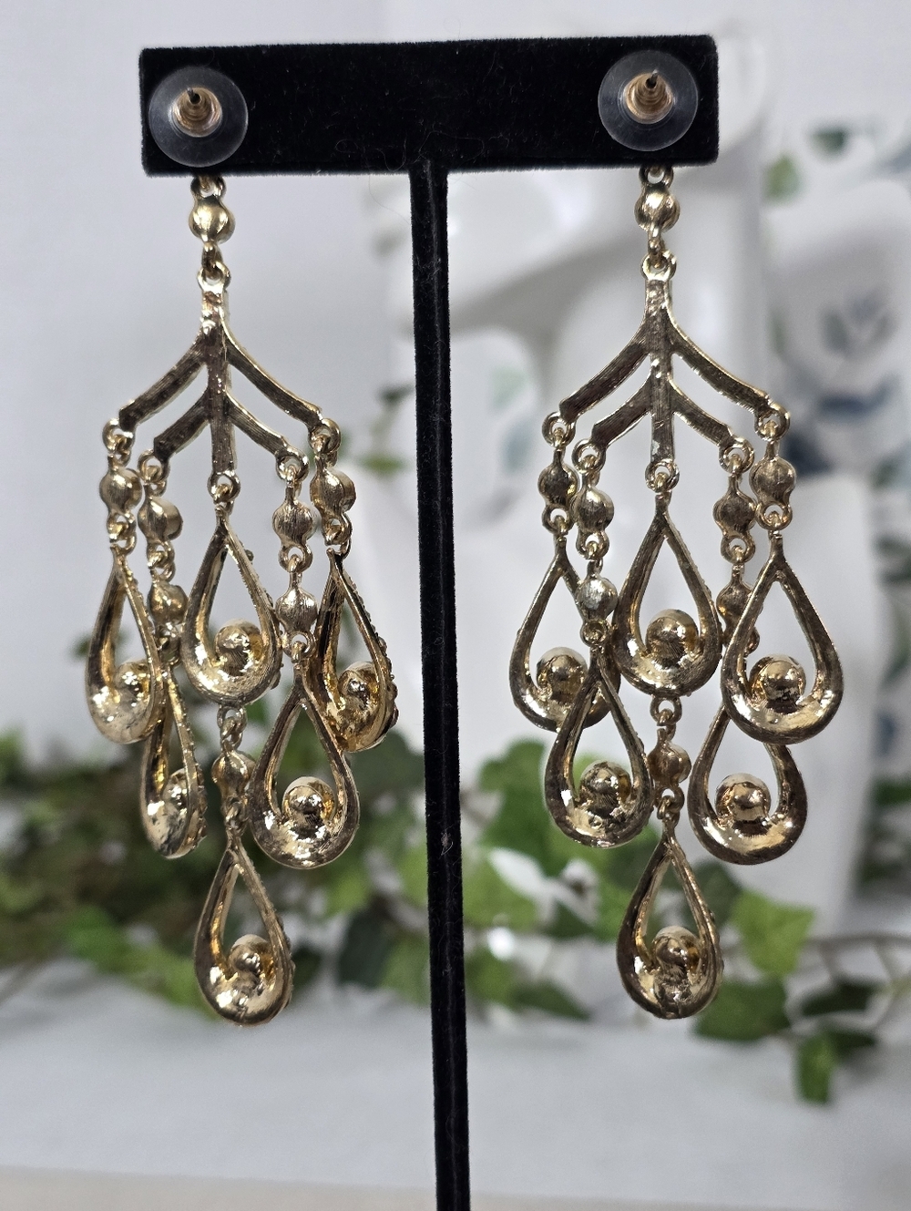 Gold AB Crystal Black Stone Chandelier Statement Earrings - Picture 7 of 9